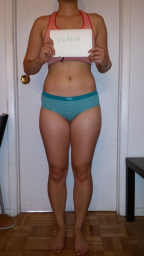 A before and after photo of a 5'3" female showing a snapshot of 129 pounds at a height of 5'3