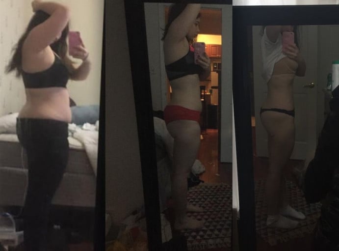 A photo of a 5'0" woman showing a weight cut from 170 pounds to 130 pounds. A net loss of 40 pounds.