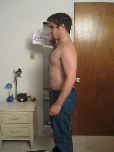 A before and after photo of a 5'8" male showing a snapshot of 187 pounds at a height of 5'8
