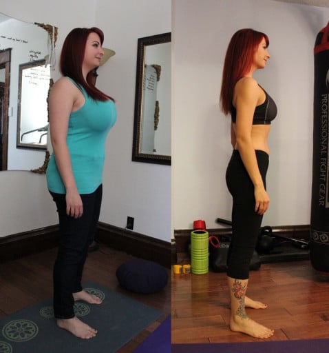 A picture of a 5'4" female showing a weight cut from 166 pounds to 120 pounds. A net loss of 46 pounds.