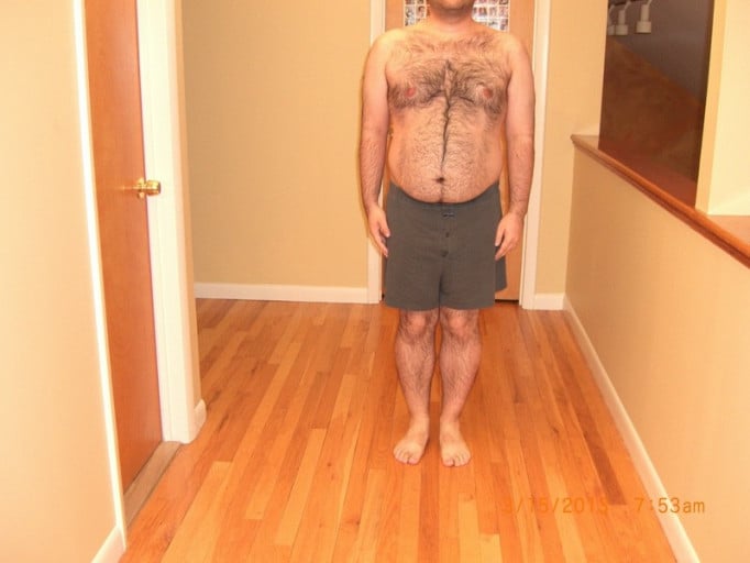 A before and after photo of a 5'5" male showing a snapshot of 183 pounds at a height of 5'5