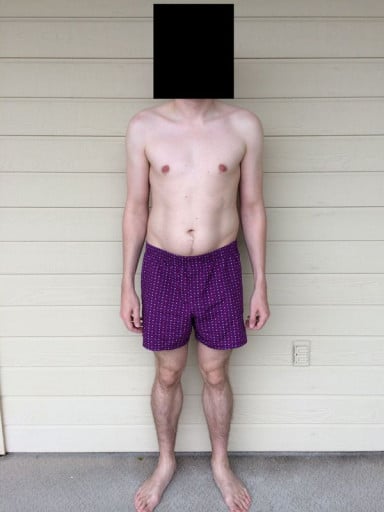 A before and after photo of a 5'10" male showing a snapshot of 174 pounds at a height of 5'10