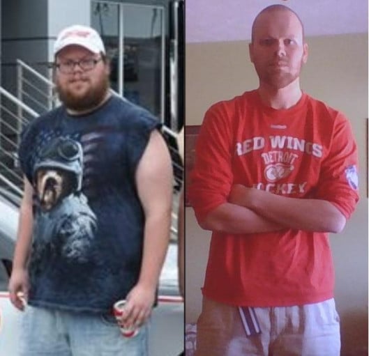 A before and after photo of a 6'0" male showing a weight reduction from 310 pounds to 190 pounds. A total loss of 120 pounds.
