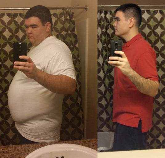 A before and after photo of a 6'2" male showing a weight cut from 410 pounds to 238 pounds. A respectable loss of 172 pounds.