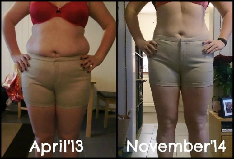 A progress pic of a 5'8" woman showing a fat loss from 207 pounds to 180 pounds. A net loss of 27 pounds.