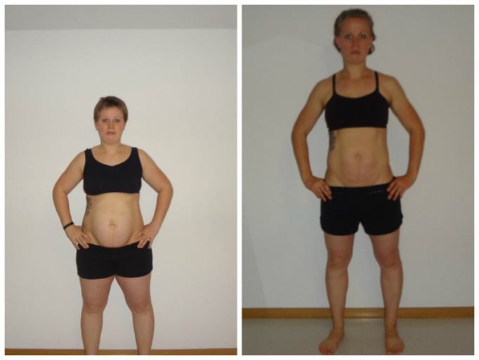 A progress pic of a 5'7" woman showing a fat loss from 193 pounds to 150 pounds. A total loss of 43 pounds.