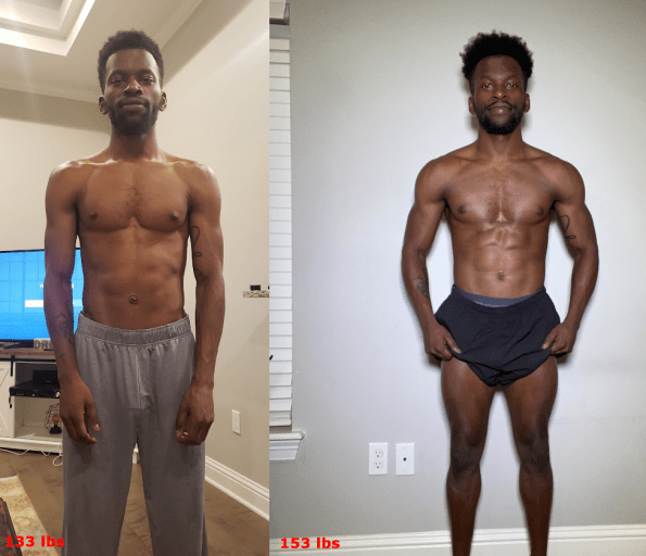 A before and after photo of a 5'8" male showing a muscle gain from 133 pounds to 153 pounds. A respectable gain of 20 pounds.