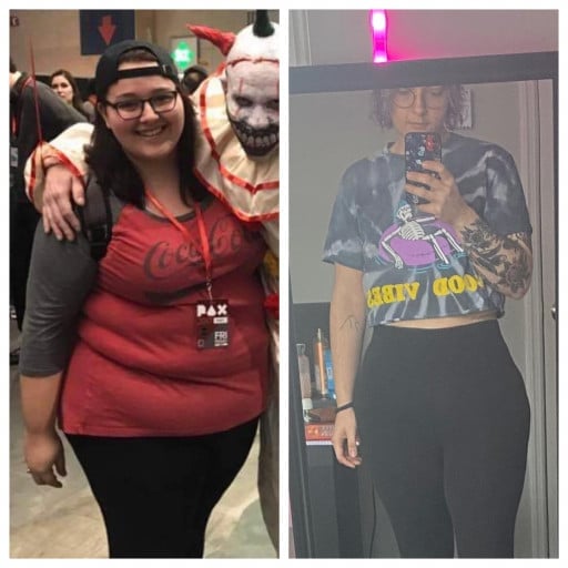 A picture of a 5'2" female showing a weight loss from 300 pounds to 162 pounds. A respectable loss of 138 pounds.