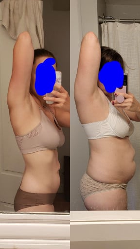 A progress pic of a 5'4" woman showing a weight gain from 137 pounds to 179 pounds. A total gain of 42 pounds.