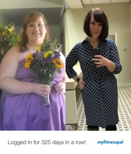 A picture of a 5'7" female showing a weight loss from 334 pounds to 204 pounds. A total loss of 130 pounds.