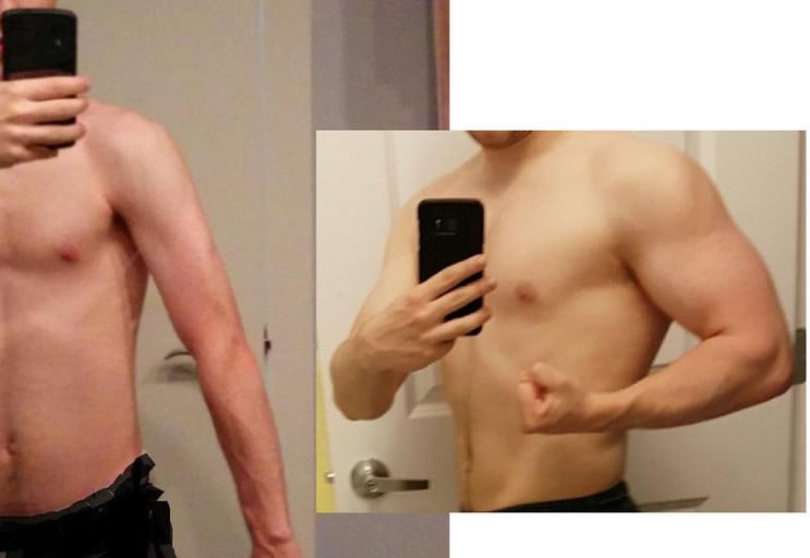 A progress pic of a 5'7" man showing a muscle gain from 115 pounds to 155 pounds. A net gain of 40 pounds.