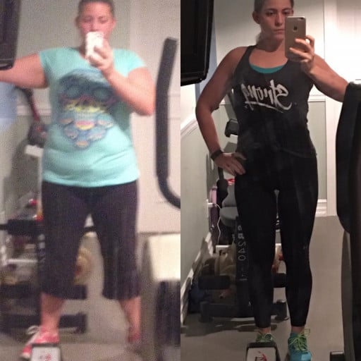 A progress pic of a 5'5" woman showing a weight cut from 215 pounds to 135 pounds. A total loss of 80 pounds.