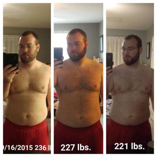 A photo of a 5'8" man showing a weight cut from 236 pounds to 221 pounds. A net loss of 15 pounds.