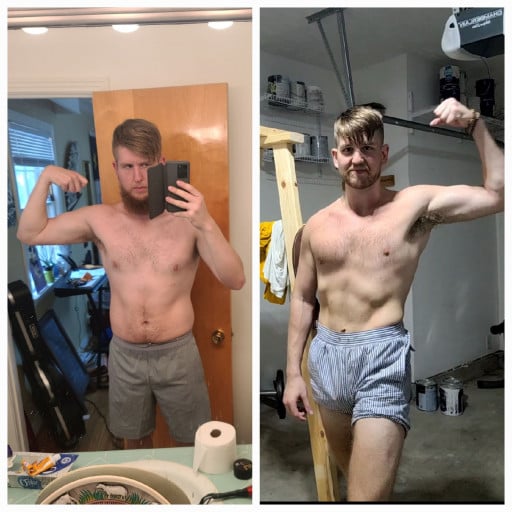 A progress pic of a 6'2" man showing a fat loss from 220 pounds to 188 pounds. A total loss of 32 pounds.