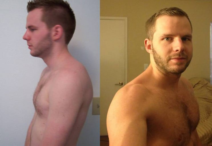 A progress pic of a 5'8" man showing a weight gain from 145 pounds to 162 pounds. A total gain of 17 pounds.