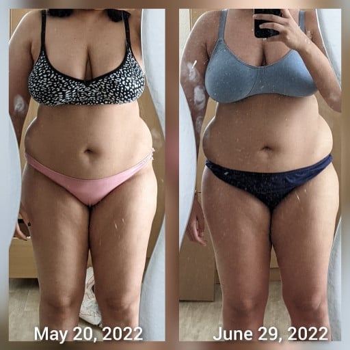 A before and after photo of a 5'1" female showing a weight reduction from 176 pounds to 160 pounds. A total loss of 16 pounds.