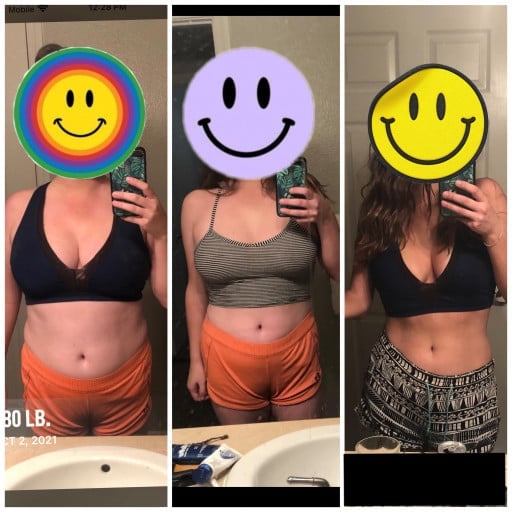 Before and After 36 lbs Fat Loss 5'8 Female 180 lbs to 144 lbs