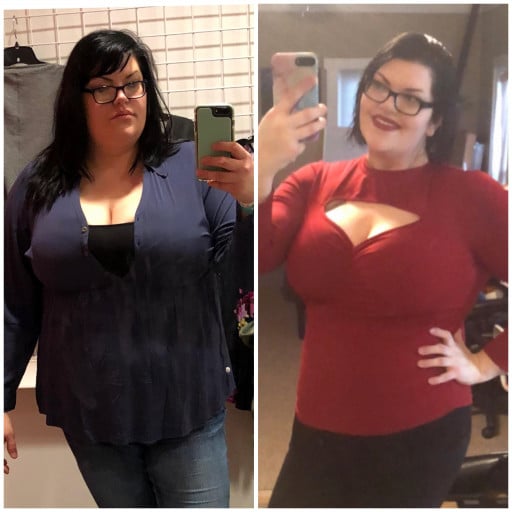 A before and after photo of a 6'4" female showing a weight reduction from 373 pounds to 288 pounds. A total loss of 85 pounds.