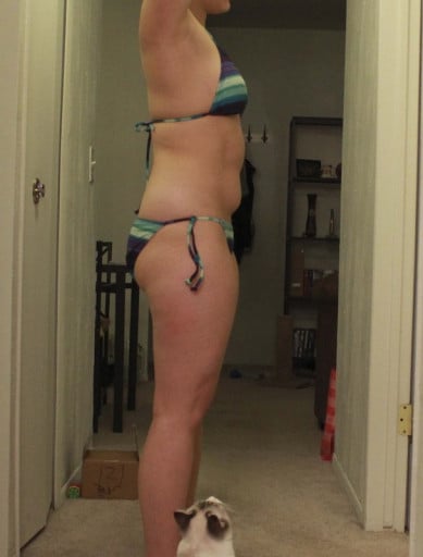 A progress pic of a 5'4" woman showing a snapshot of 150 pounds at a height of 5'4