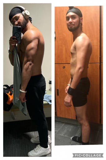 A progress pic of a 5'5" man showing a muscle gain from 110 pounds to 152 pounds. A net gain of 42 pounds.