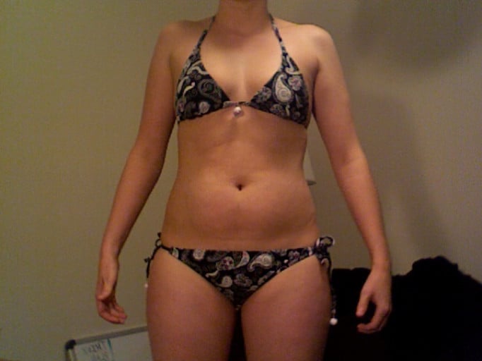 A photo of a 5'7" woman showing a snapshot of 142 pounds at a height of 5'7