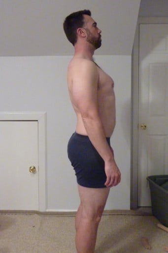 A before and after photo of a 5'11" male showing a snapshot of 194 pounds at a height of 5'11