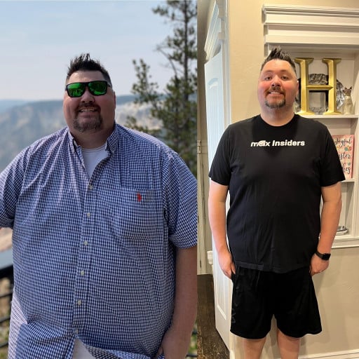 A progress pic of a 6'2" man showing a fat loss from 416 pounds to 315 pounds. A net loss of 101 pounds.