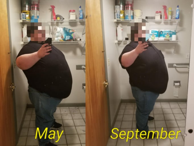 A progress pic of a 5'11" man showing a fat loss from 605 pounds to 555 pounds. A net loss of 50 pounds.