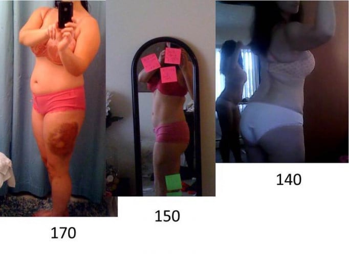 A picture of a 5'4" female showing a weight loss from 170 pounds to 140 pounds. A total loss of 30 pounds.