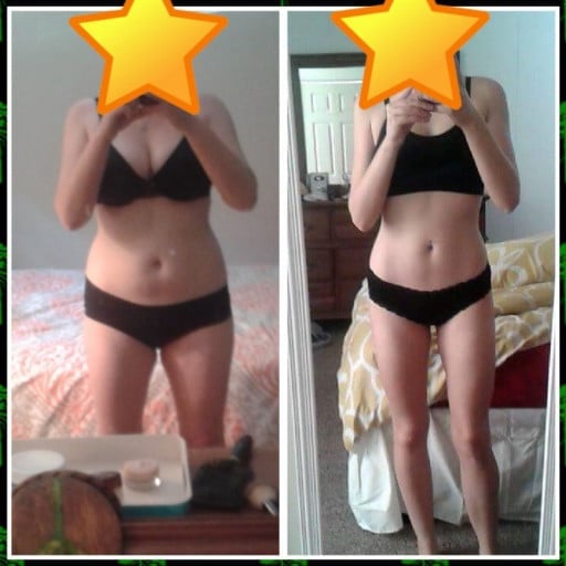 A progress pic of a 5'3" woman showing a fat loss from 141 pounds to 112 pounds. A total loss of 29 pounds.