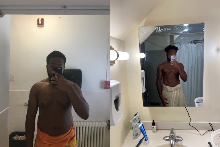 A progress pic of a 5'11" man showing a fat loss from 220 pounds to 187 pounds. A respectable loss of 33 pounds.