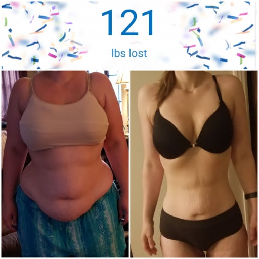 A progress pic of a 5'7" woman showing a fat loss from 289 pounds to 168 pounds. A net loss of 121 pounds.