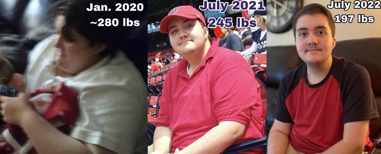 A photo of a 5'6" man showing a weight cut from 280 pounds to 197 pounds. A respectable loss of 83 pounds.