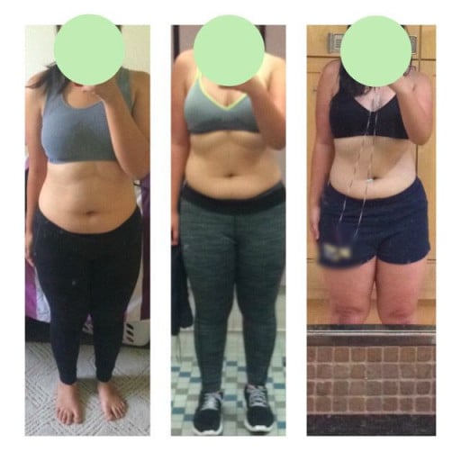 A progress pic of a 5'2" woman showing a fat loss from 164 pounds to 153 pounds. A total loss of 11 pounds.