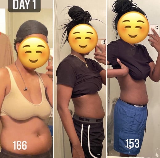 A progress pic of a 5'9" woman showing a fat loss from 166 pounds to 149 pounds. A total loss of 17 pounds.