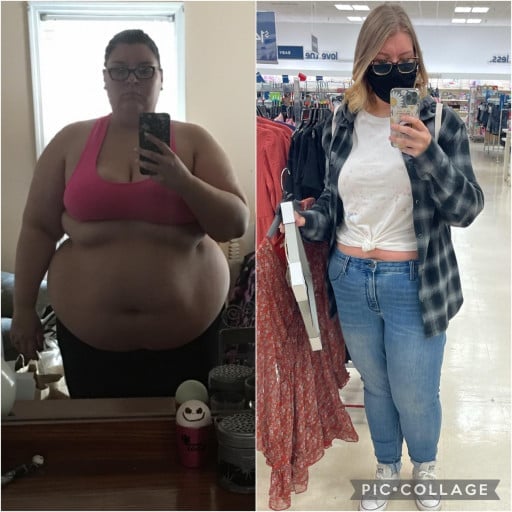 A before and after photo of a 5'5" female showing a weight reduction from 384 pounds to 215 pounds. A total loss of 169 pounds.