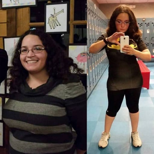 A progress pic of a 4'11" woman showing a fat loss from 173 pounds to 144 pounds. A respectable loss of 29 pounds.