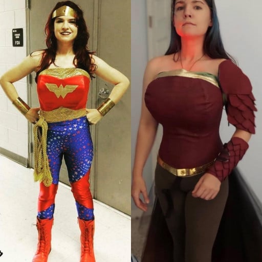 F/25/5’10” [165lbs<175lbs=+10lbs] (4 years) so I’ve actually gained 10 pounds.. however this isn’t really about my weight but more my cosplay skills! Remaking my original Wonder Woman costume and now just about halfway done! I will post updates as I go! :)