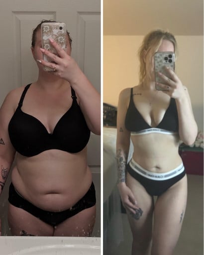A progress pic of a 5'1" woman showing a fat loss from 200 pounds to 119 pounds. A net loss of 81 pounds.