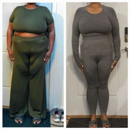 A before and after photo of a 5'7" female showing a weight reduction from 275 pounds to 198 pounds. A respectable loss of 77 pounds.
