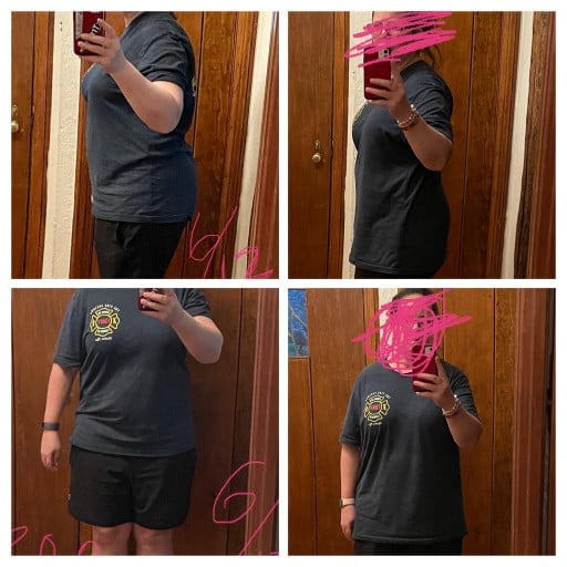 A progress pic of a 5'4" woman showing a fat loss from 215 pounds to 120 pounds. A net loss of 95 pounds.