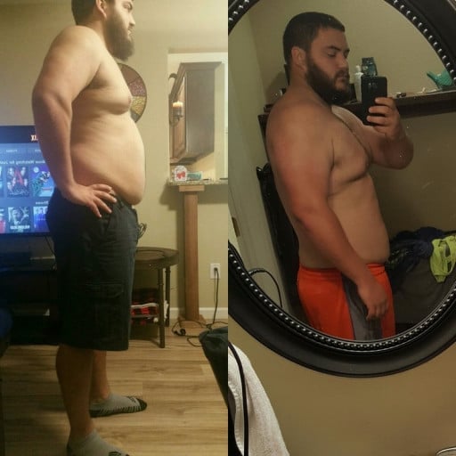 A photo of a 6'0" man showing a weight cut from 280 pounds to 265 pounds. A net loss of 15 pounds.
