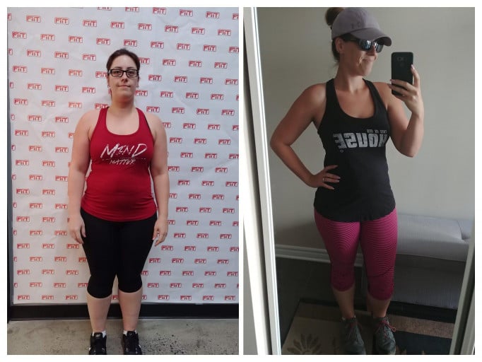 A before and after photo of a 5'4" female showing a weight reduction from 180 pounds to 157 pounds. A respectable loss of 23 pounds.