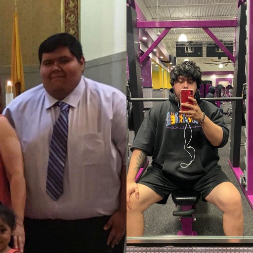 A progress pic of a 5'9" man showing a fat loss from 387 pounds to 240 pounds. A respectable loss of 147 pounds.