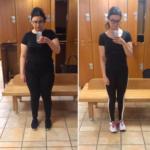 A before and after photo of a 5'3" female showing a weight reduction from 196 pounds to 126 pounds. A respectable loss of 70 pounds.