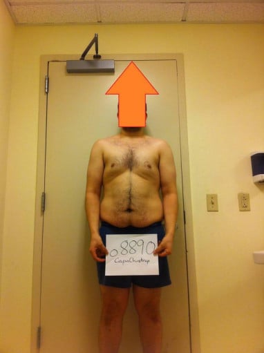 A before and after photo of a 6'0" male showing a snapshot of 223 pounds at a height of 6'0
