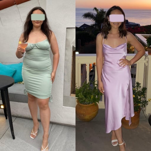 A picture of a 5'5" female showing a weight loss from 205 pounds to 147 pounds. A net loss of 58 pounds.