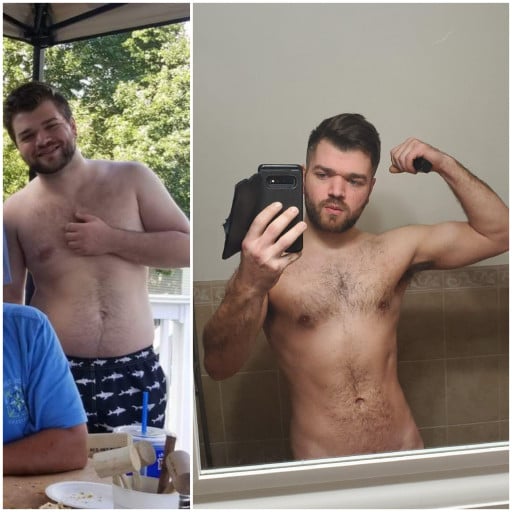 A before and after photo of a 5'10" male showing a weight reduction from 210 pounds to 165 pounds. A respectable loss of 45 pounds.