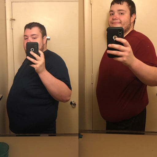 A photo of a 6'1" man showing a weight cut from 350 pounds to 299 pounds. A net loss of 51 pounds.