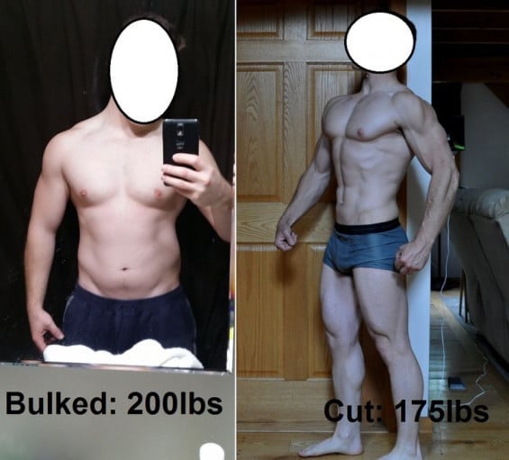 A picture of a 5'9" male showing a weight cut from 200 pounds to 175 pounds. A total loss of 25 pounds.